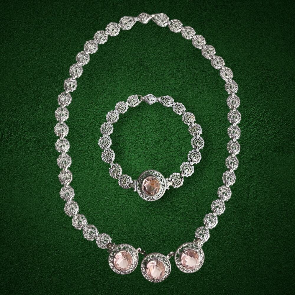 Antique Rhodium Sterling Silver Pink Crystal Filigree Statement Necklace Bracele